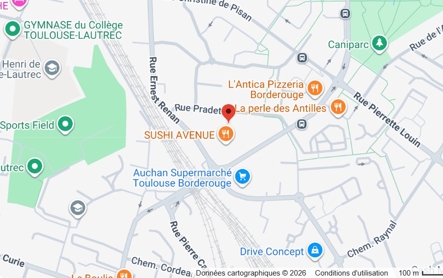 Plan d’accès au cabinet du Dr Anderes, 2 rue Ernest Renan, 31200 Toulouse (quartier Borderouge)